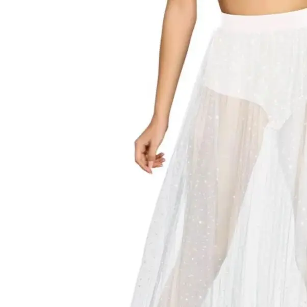 

Pleated Lace Mesh Yarn Skirt Sexy Perspective Skirt Elastic High Waist Shiny Rhinestones Decor Maxi Skirt Nightclub