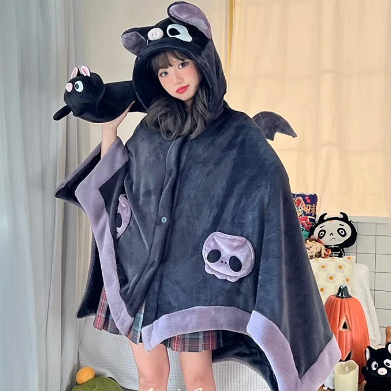 Cartoon Kawaii Bat Y2k Blanket Plush Pajamas Anime Cloak Halloween Cloak For Adults Winter Ponchos Women Hooded Cape Girl Gifts