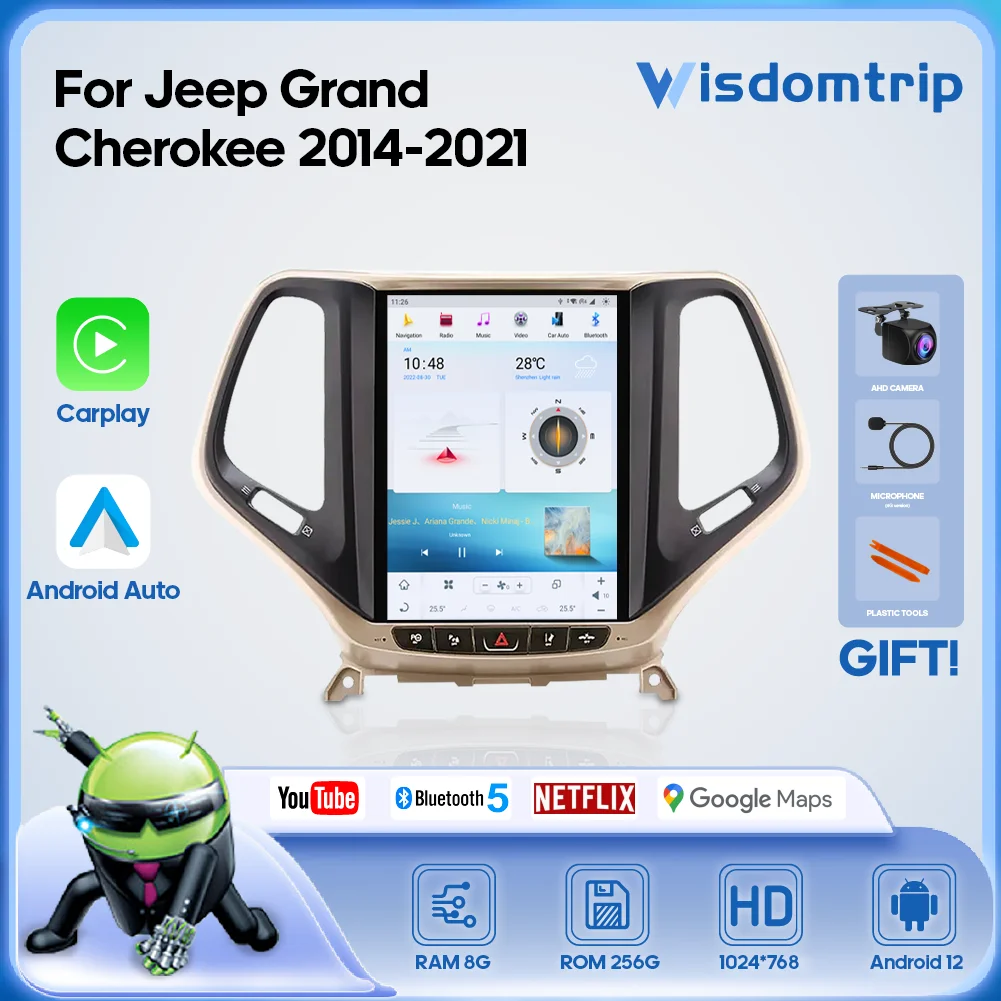 For Jeep Cherokee 2014-2021 Car Navigation Multimedia Player GPS Radio 4G Network WiFi Carplay+Android AUTO Android12