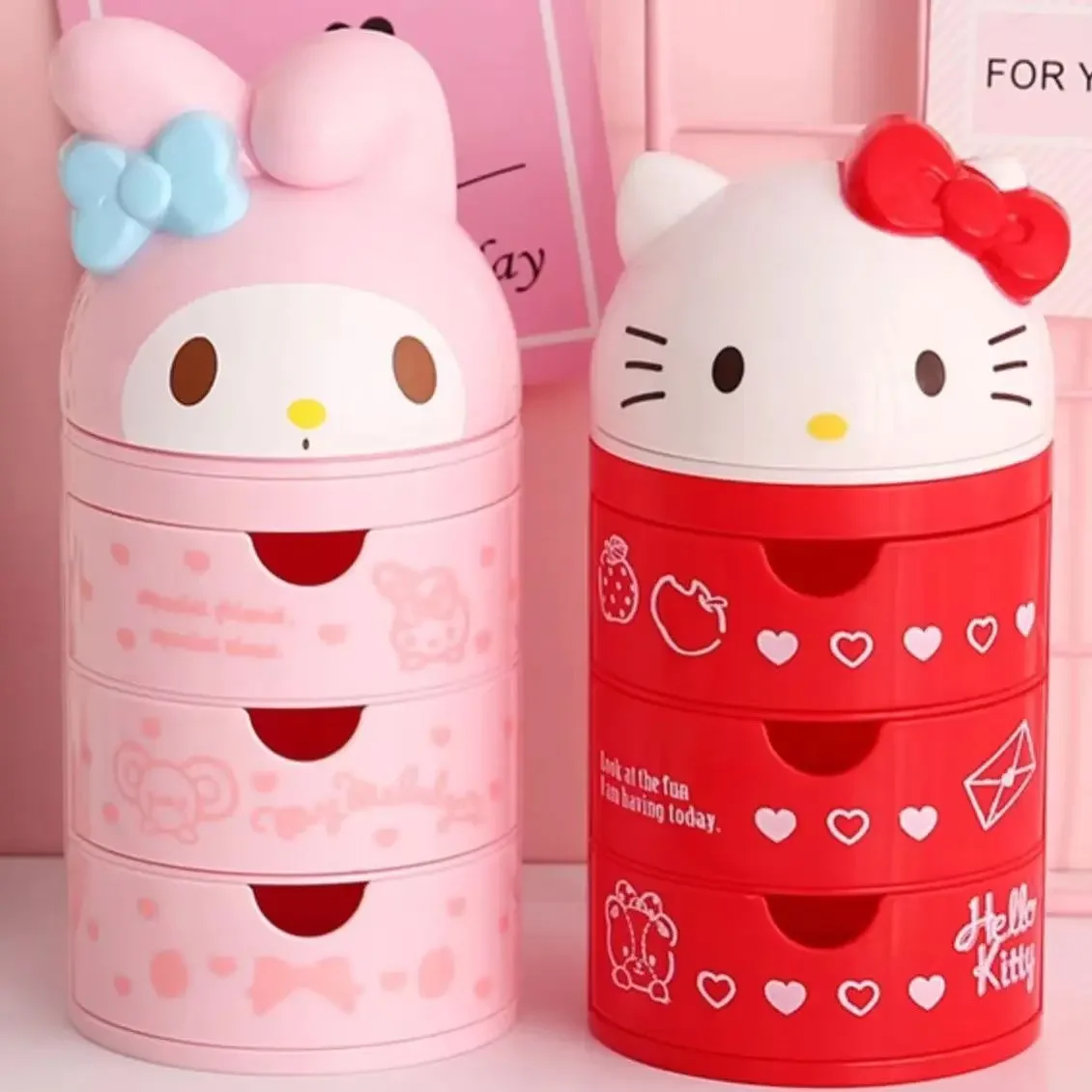 Sanrio Kawaii Cartoon Hello Kitty Anime My Melody Doll Creative 3 Tier Jewelry Box Hairpin Drawer Storage Box Toys Dressing Case