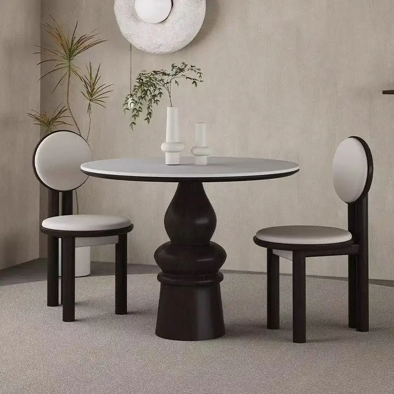 

French retro rock slab small round home balcony leisure small apartment light luxury medieval solid wood round dining table