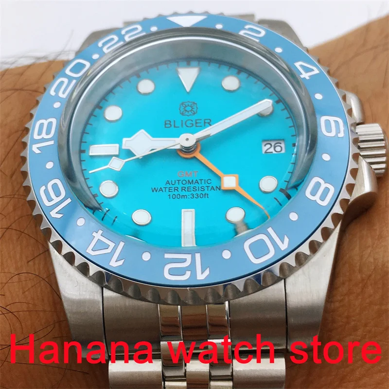 BLIGER NH34A(GMT) Watch 40mm Dome glass silver case  Luminous blue dial Snowflake hand ceramic bezel