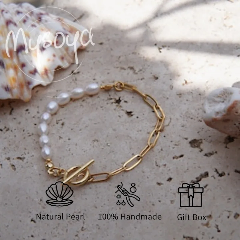 

MYSOYA White Rice-shaped Freshwater Pearl Chain Bracelet Necklace 6-7mm A Gift Box For Her/Him Birthday/Wedding/Christmas Gifts