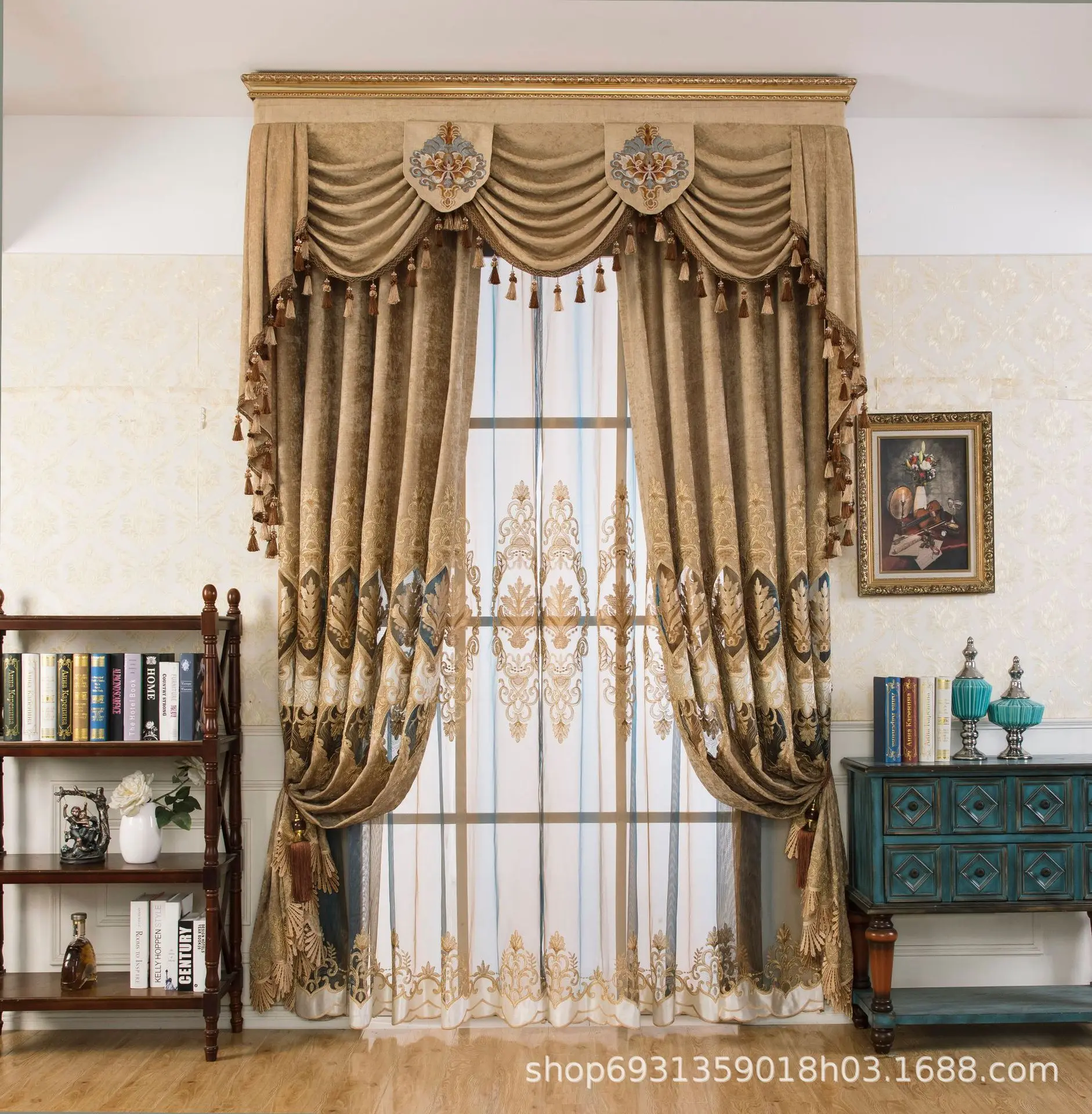 Custom Europea water-soluble hollow embroidery living room chenille coffee cloth blackout curtain tulle valance drape C1814