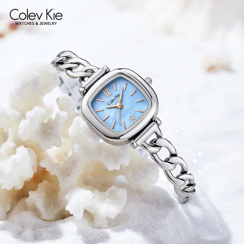 ColevKie Quartz Watches for Wrist Stainless Steel Band Blue Dial Square Watch for Women High-end Luxury Ladies Wristwatch Gift