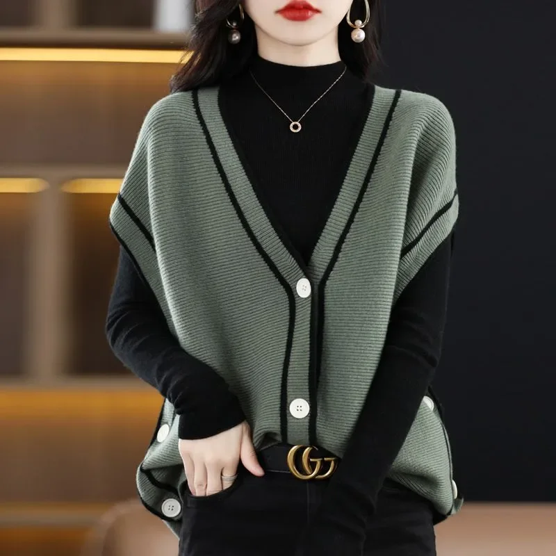 

Spring Autumn Women Vintage Casual Sweater Vest V-Neck Loose Cardigans Sleeveless Panelled Fashion Female Knitted Sweaters 2023