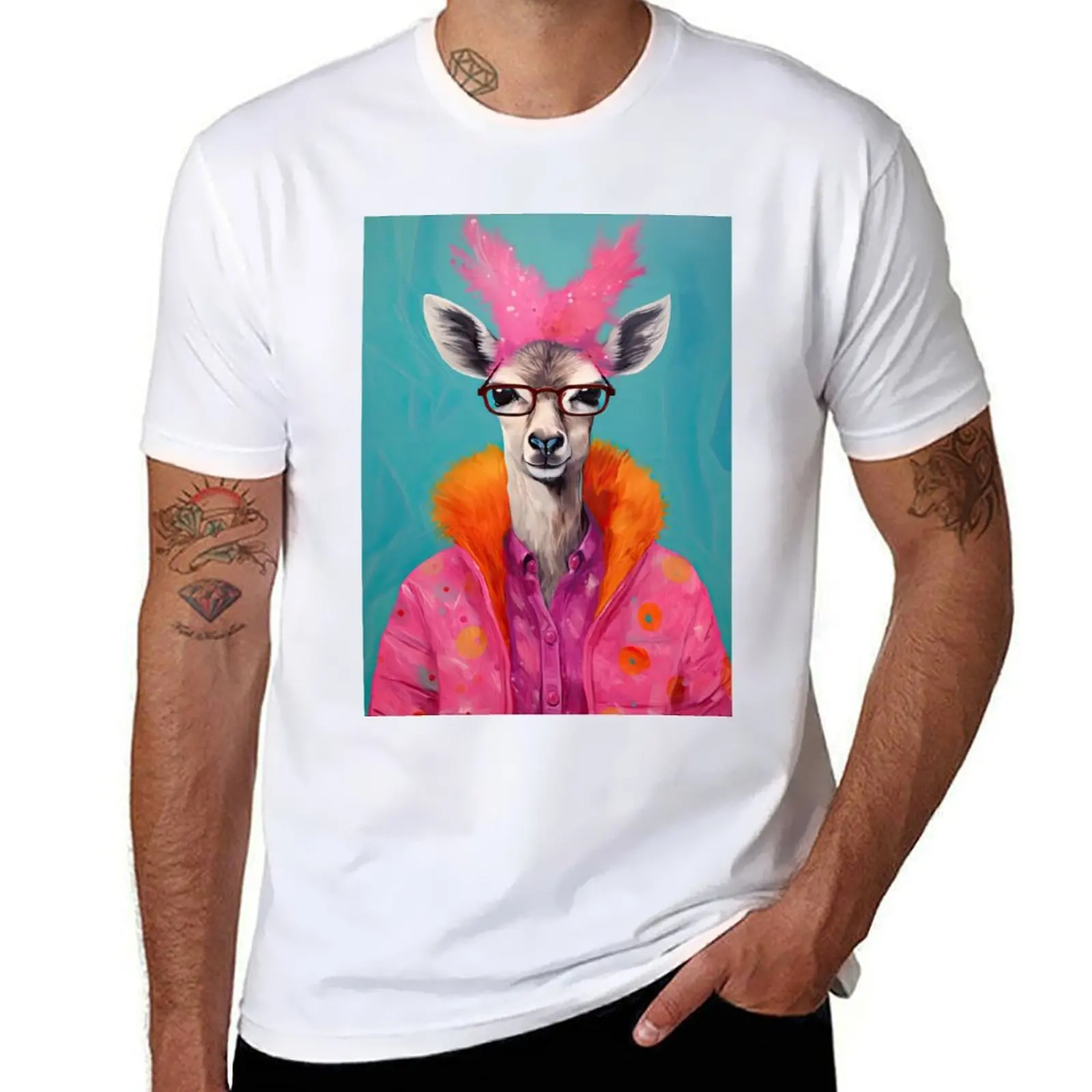 

Watercolor Deer with Sunglasses in Pink Coat Funky Animal Fashion Art Print T-Shirt t shirts cotton 100% T-Shirt