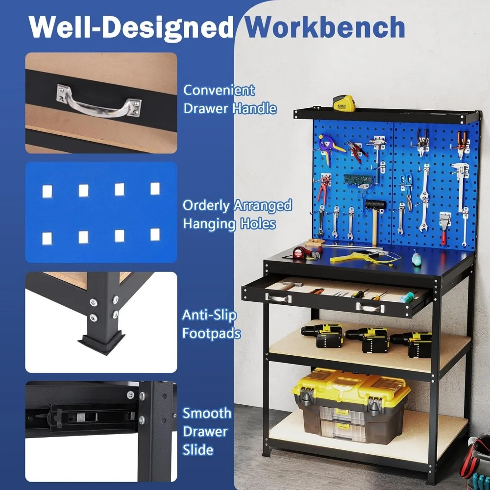 طاولة عمل شديدة التحمل 32 × 16 مع لوح بيجبورد، درج، أرفف، خطافات تعليق، سعة 495 رطل، إطار معدني، تخزين منضدة عمل كبيرة