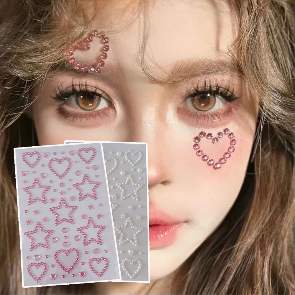 INS Music Party Face Jewels Sticker Makeup Eyes 3D DIY Pink Love Heart Shape Stickers Festival Accessories Korean Art Stickers