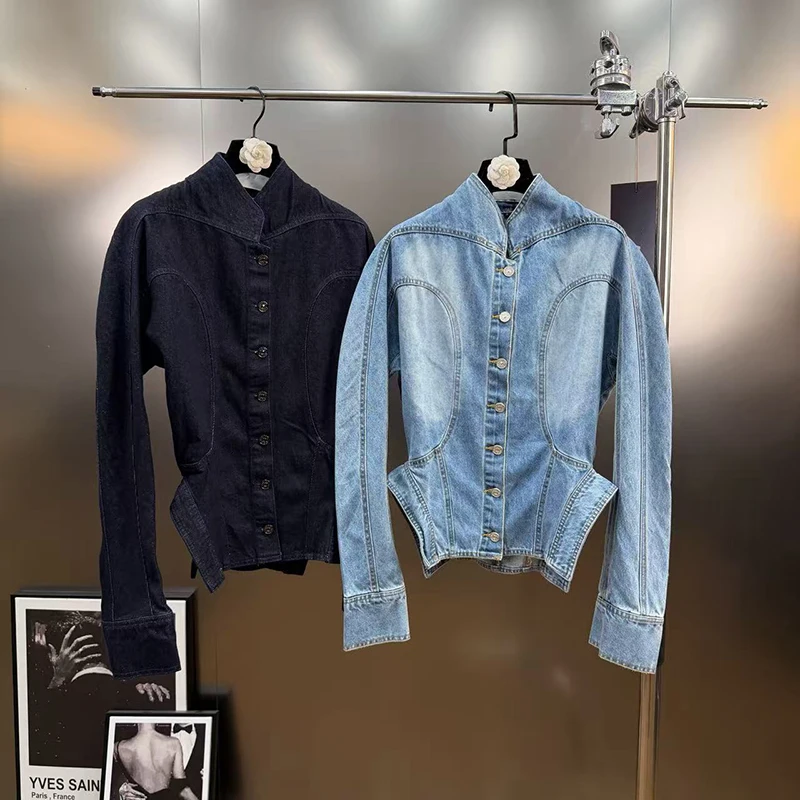 سترة قصيرة من قماش الدنيم بتصميم بحاشية غير رسمية من KBQ للنساء بياقة واقفة وأكمام طويلة وأزرار مقسمة جديدة للسيدات #4