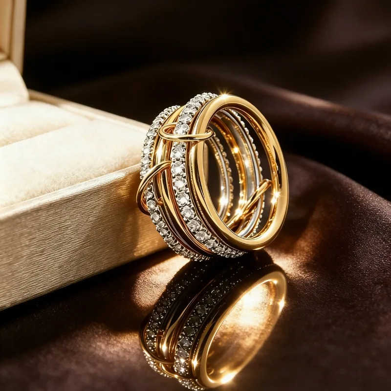 European and American light luxury full diamond ring women's two-color interlocking fashion personalized ring cross-border