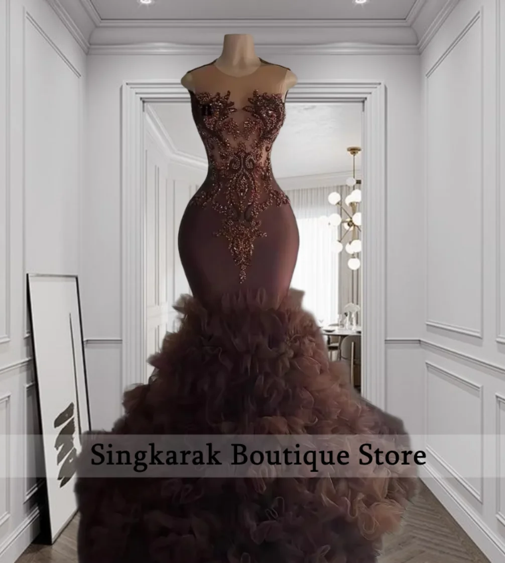 Luxury Brown Beaded Prom Dresses 2026 Black Girls Diamonds Ruffles Wedding Party Birthday Graduation Evening Gown Customized