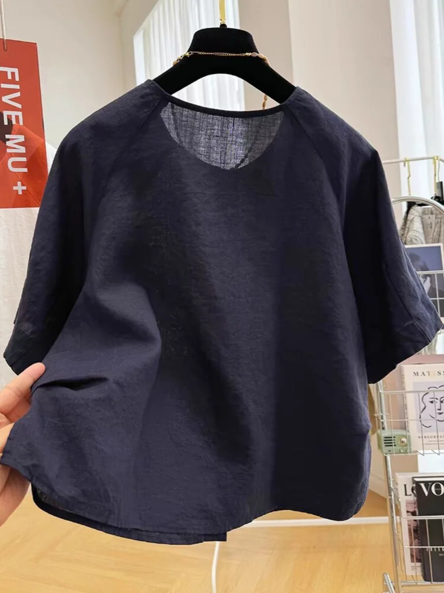 Marca de mujer de lino redondo Ne ort Sve irt verano fino Sle ort longitud Ele Top suelto ajuste Regular longitud Sve