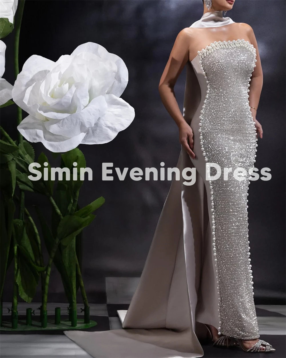 Simin Women's Customized Sequins Pearls Strapless Evening Dresses Sleeveless With Ribbon Floor-Length Elegant Party Dresses 2025