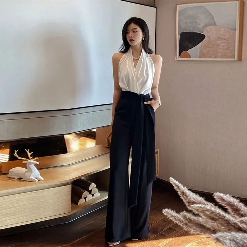 French Hepburn Halter Neck Jumpsuits Women Elegant Black And White Contrast Color Jumpsuit Party Ladies Summer Wide Leg Pants