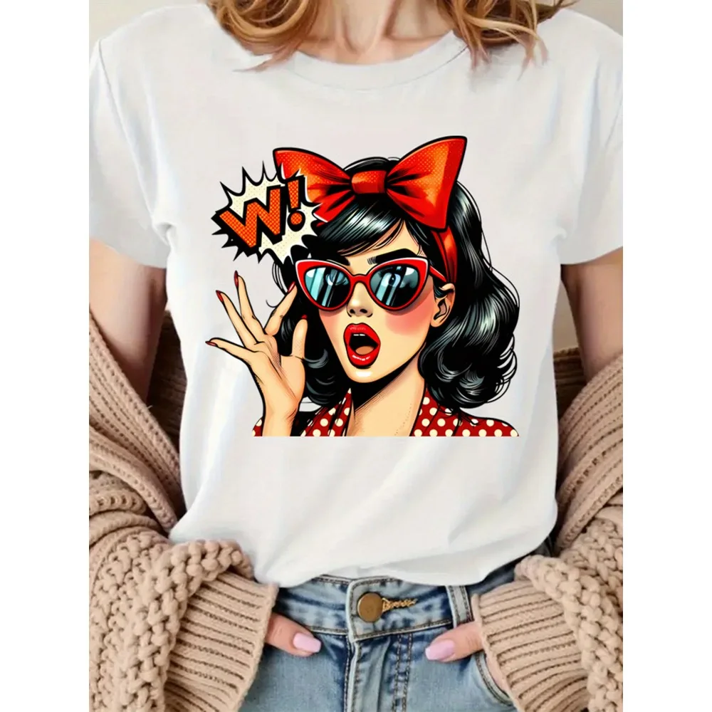 Retro Pop Art Woman Graphic Printed T-Shirt Vintage 50s Pin Up Style Casual Short Sleeve Tees Funny Comic Book Tops for Women