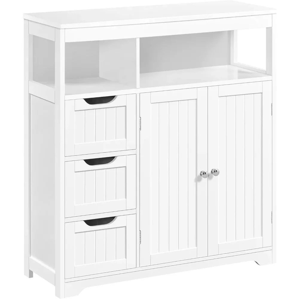 Bathroom Floor Cabinet, Wooden Storage Organizer with 3 Drawers and 2 Open Shelves, Freestanding Storage Cabinet