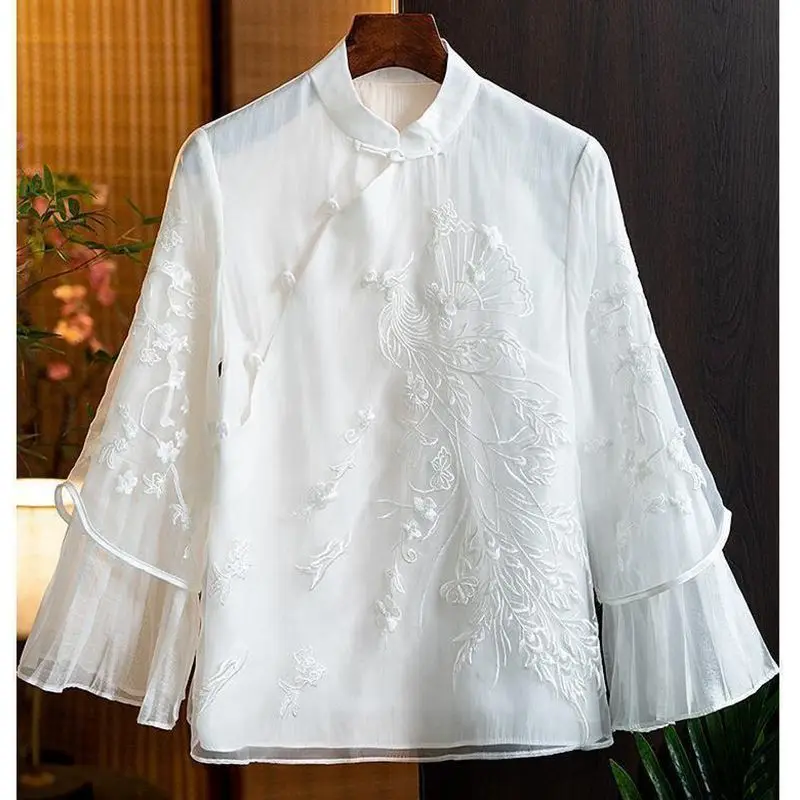 Chinese Style Improved Qipao Embroidered Shirt 2022 Spring/Summer New Design Feel Loose and Slim Chinese Top for Women