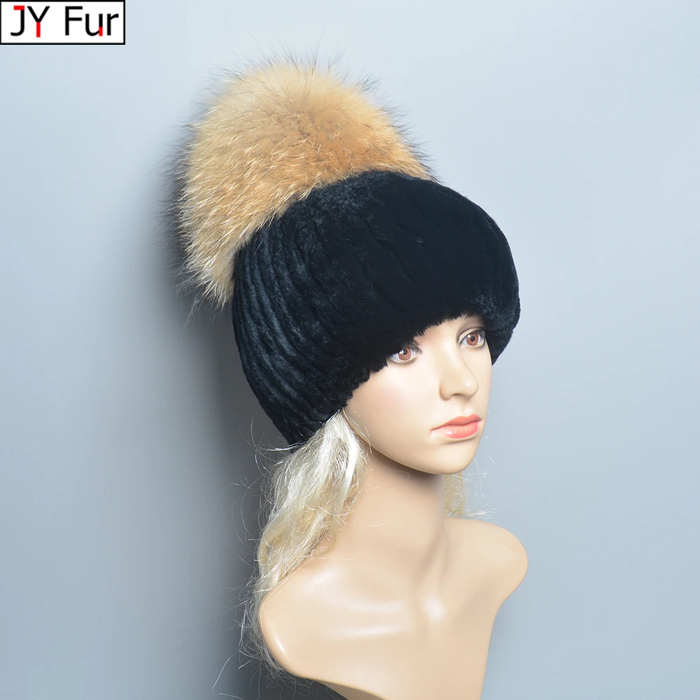 

Winter Hats for Women Real Rex Rabbit Fur Pompom Knitted Warm Elastic Fashionable Fluffy Thick Outdoor Genuine Natural Fur Hat