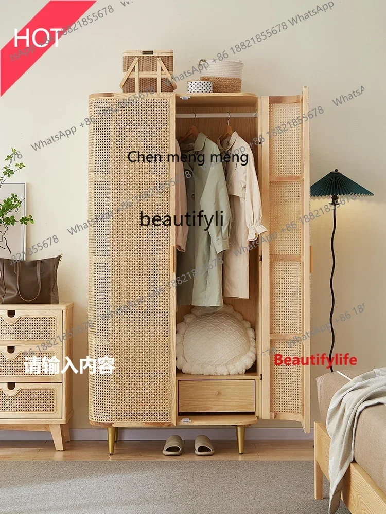 2936Japanese-Style Solid Wood Wardrobe Log Two-Door Small Closet Household Bedroom Rattan Cabinet DoorA