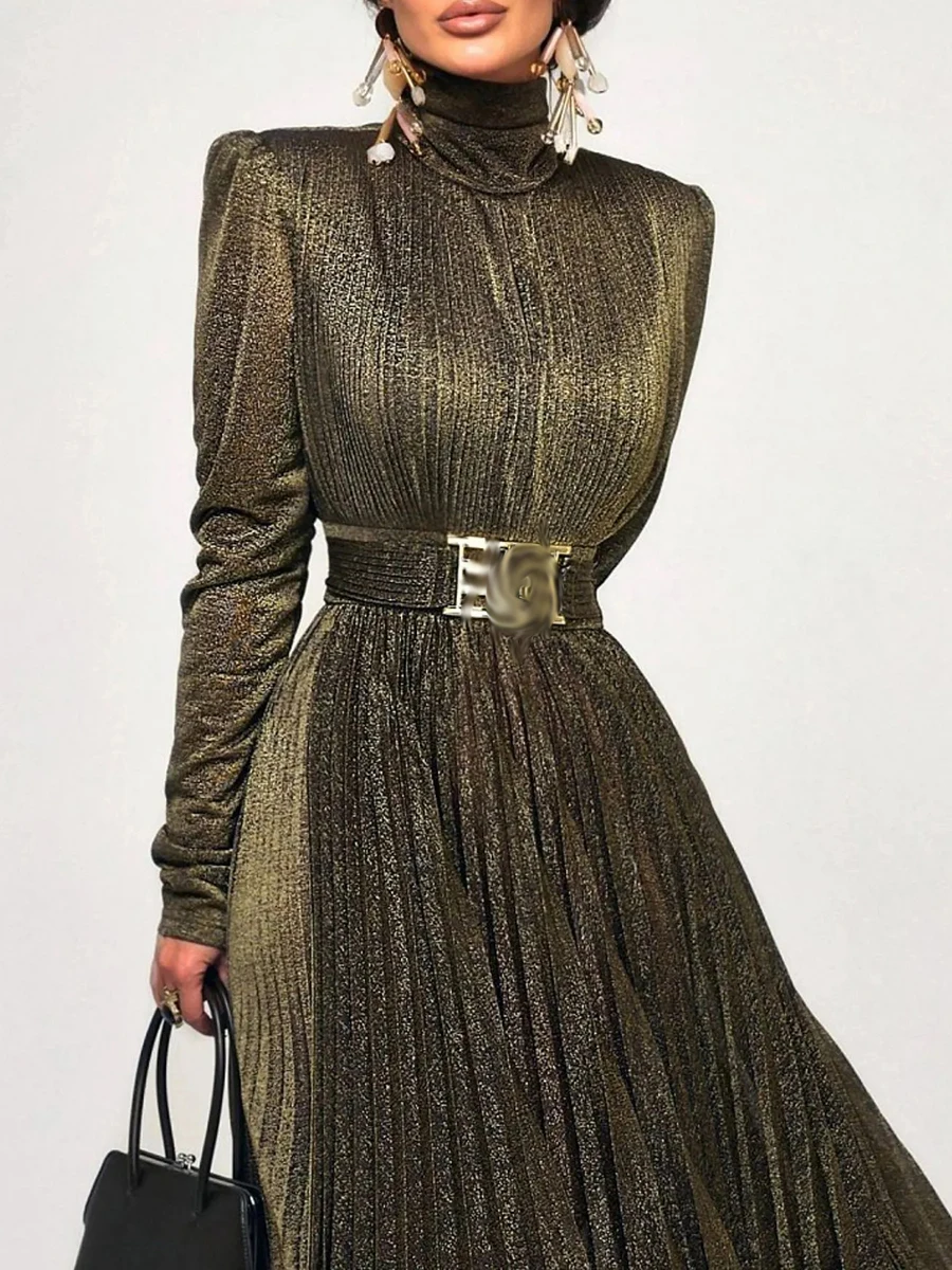 TWOTWINSTYLE Solid Spliced Belt Slimming Dresses For Women O Neck Long Sleeve High Waist Temperament Long Dress Female Clothes