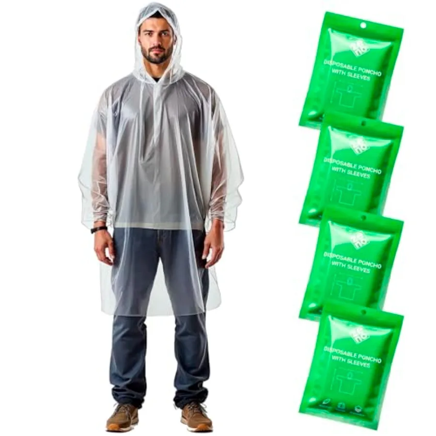 

Disposable Rain Ponchos for Adults - Clear with Hood, Compact Emergency Ponchos for Hiking, Camping, Travel - Pack of 4