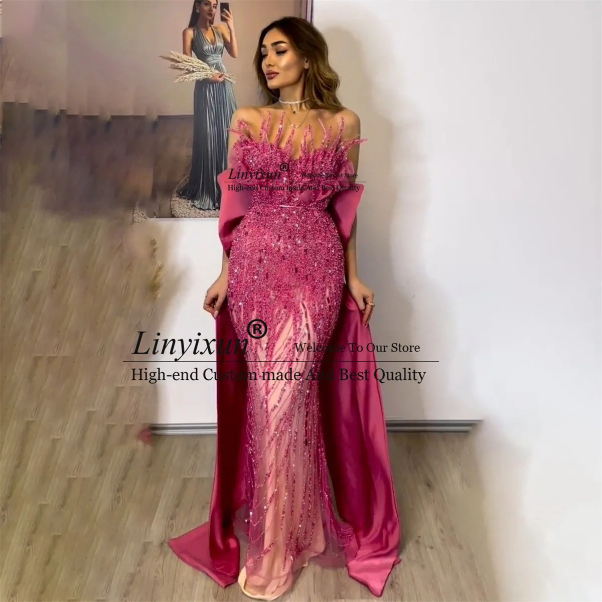 Luxury Beads Mermaid Prom Dresses Off The Shoulder Feathers Customized Evening Party Gowns Detachable Train Long robes de soirée