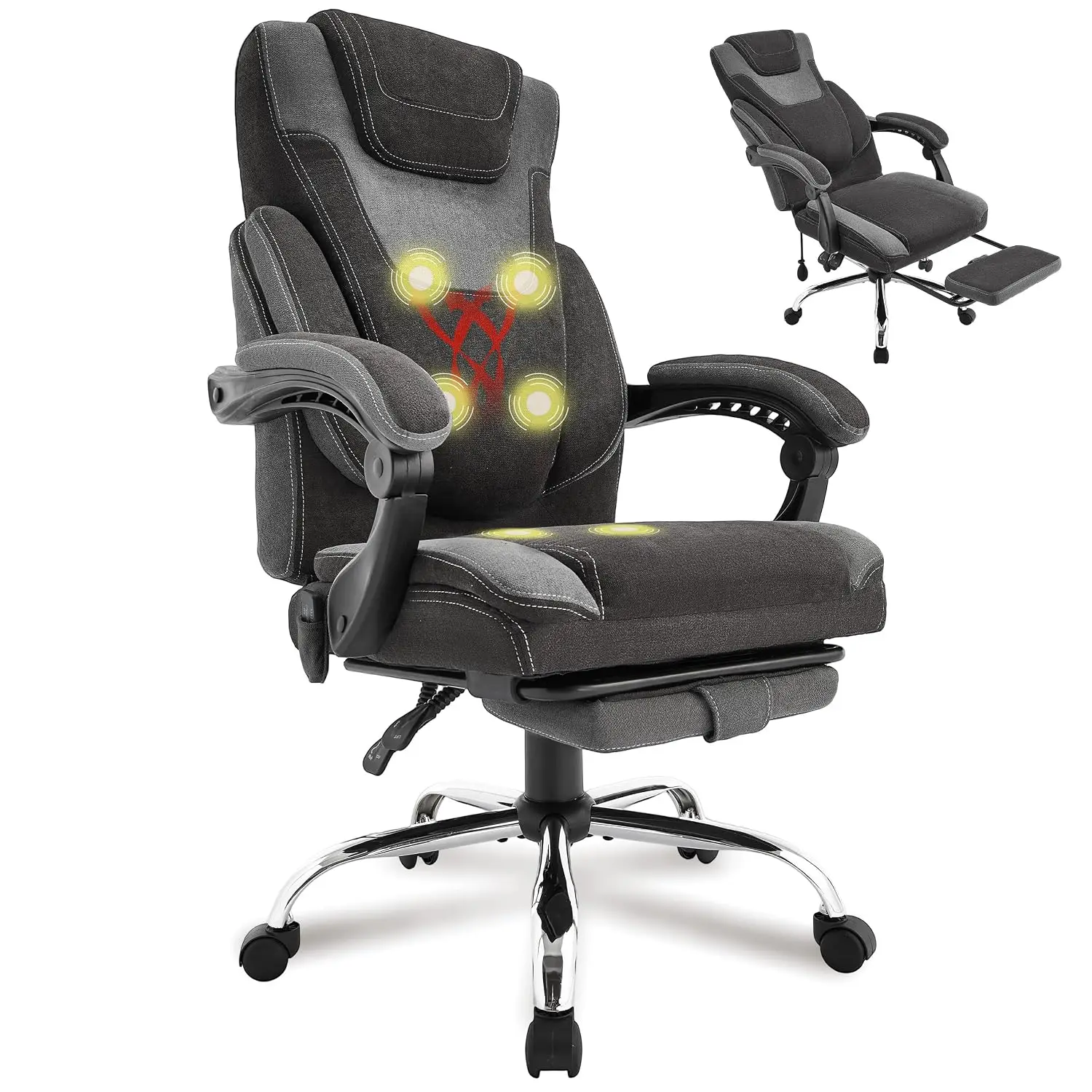 Massage Office Chair Footrest, 6-Point Vibration Heat Recliner, Big Tall Fabric Heavy People, BlackGrey, Customized