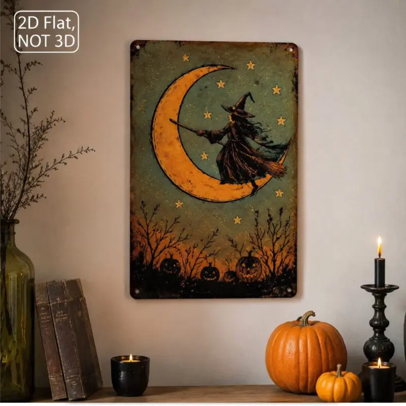 1 Metal Sign Vintage Halloween Metal Sign Retro Moon Witch Pumpkin Star Print Wall Decor for Home Party Suitable for Front Doors