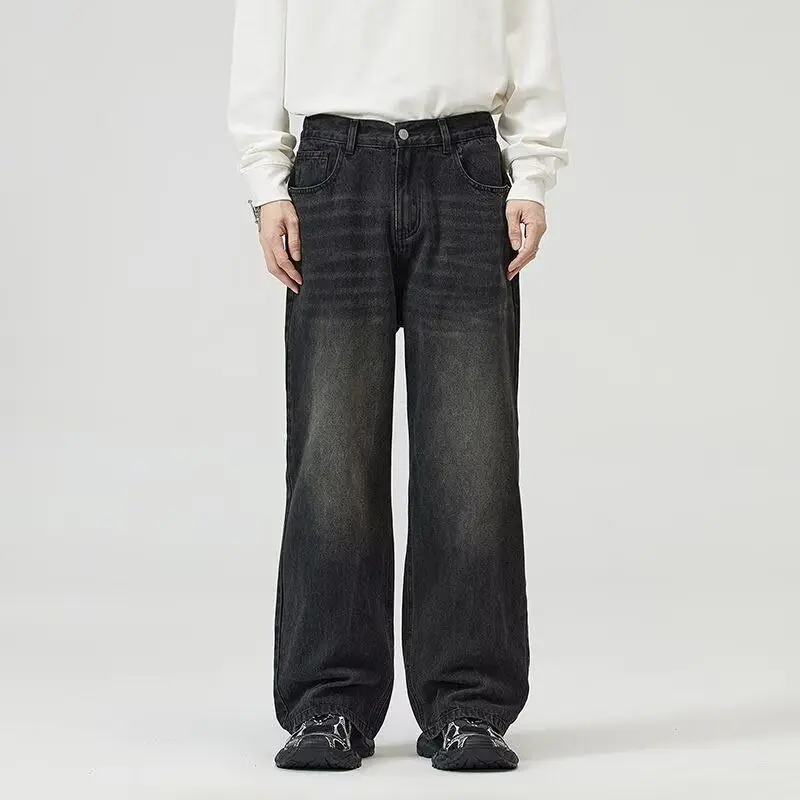 กางเกงยีนส์สีดำผู้ชาย กางเกงขากว้าง กางเกงทรงตรงหลวมสไตล์อเมริกันย้อนยุค