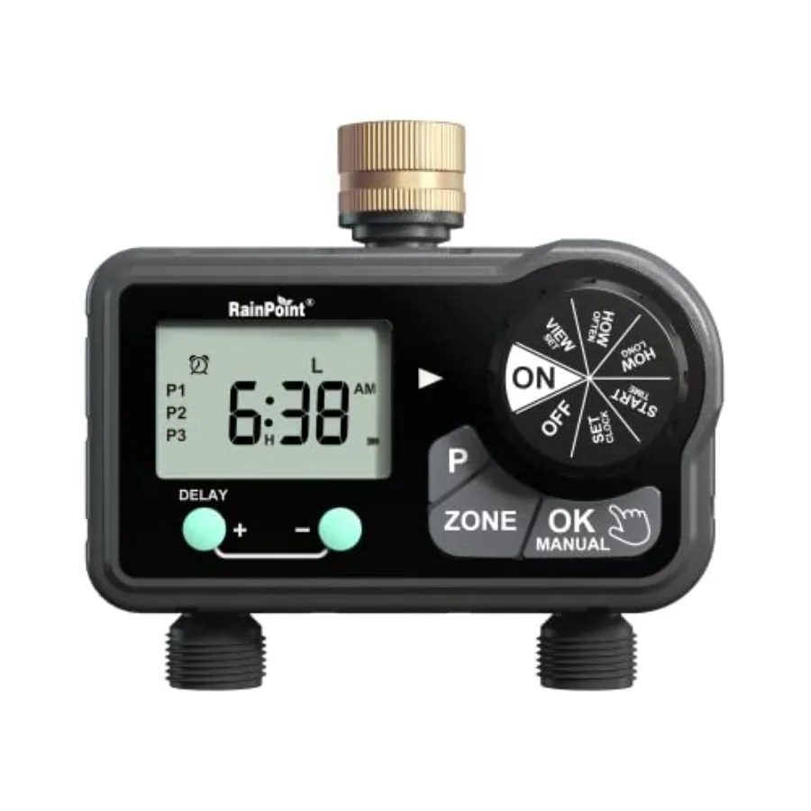 

Латунный цифровой таймер полива на 2 зоны для садового шланга с 6 программируемыми режимами, функциями задержки/ручного/автоматического управления