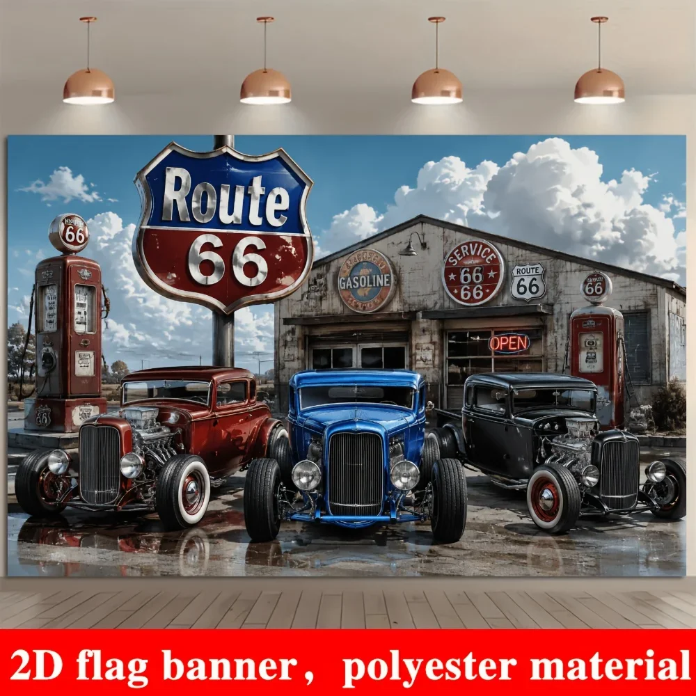 Vintage Route 66 Diner Scene Wall Decor Poster Retro American Road Trip Car Art Polyester Banner