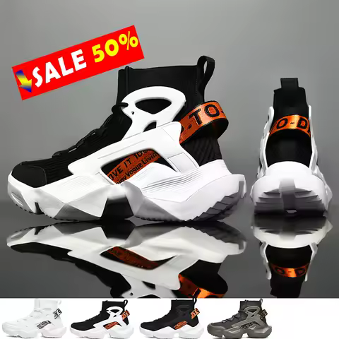 New Men Boots Mesh Fabric High Top Marathon Sports Running Shoes Breathable Lightweight Comfortable Athletic Nonskid Sneakers