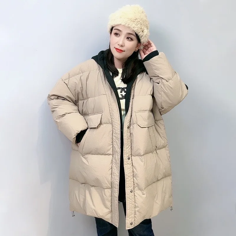 Plus-size down jacket women 150 kg in the long thicker 2024 winter new white duck down hooded fake two coats warm down jacket