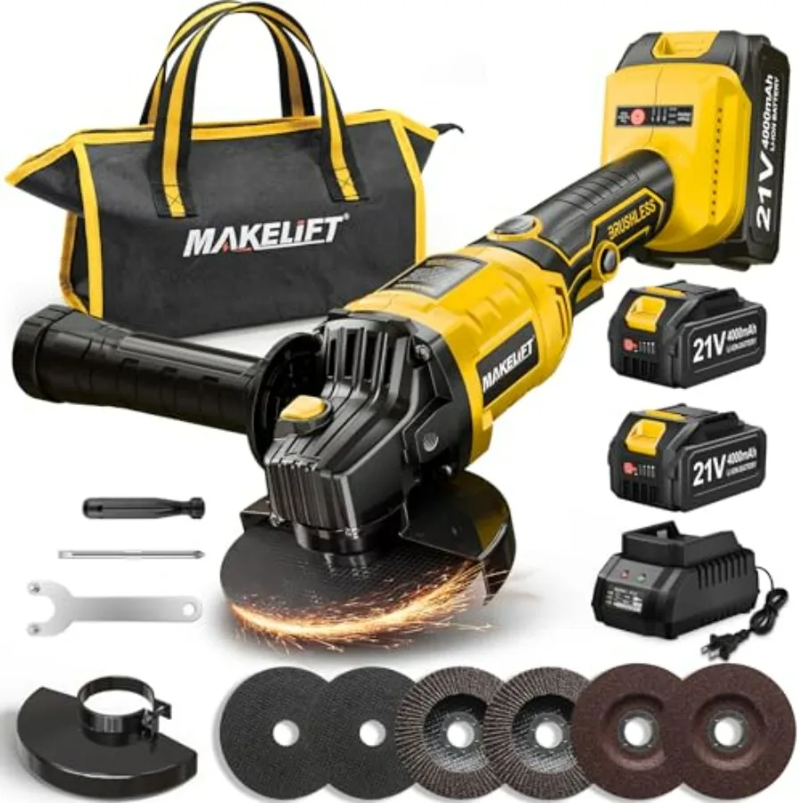 

Cordless Angle Grinder 4-1/2 Inch Brushless Grinder Tool Kit 2 x 21V 4.0Ah Batteries 10000RPM Cordless Grinder Cut Off Tool for