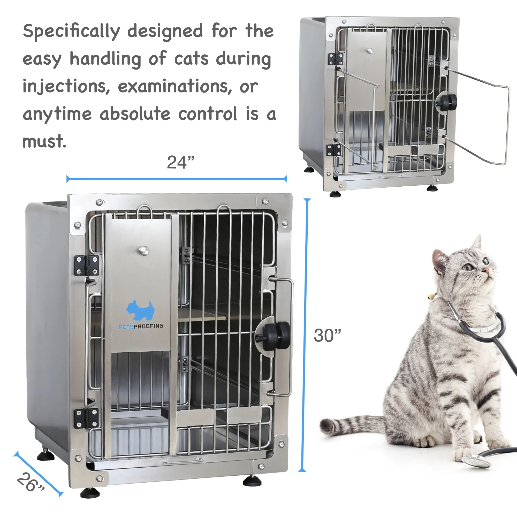 Stainless Steel Multifunction Veterinary Cage Petsproof Pet Supplies Cat Restriction Vaccination Clinic Crate