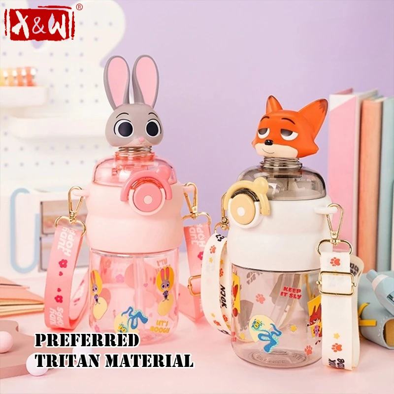 X&W 600ML Cartoon Water Bottle Cute Judy Nick Straw Cup with Shake Doll Lid Portable Outdoor Water Cups For Kids Student gift