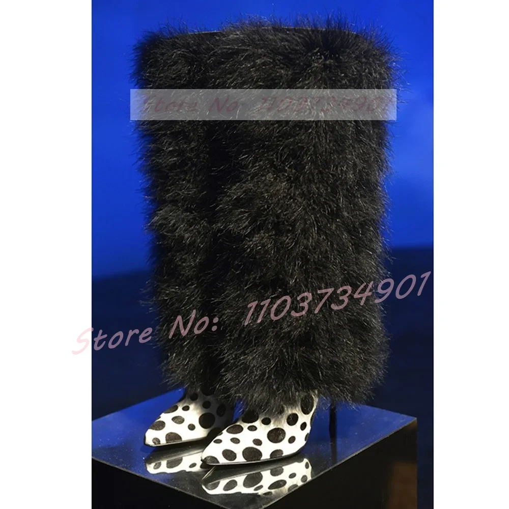Cámaras de vigilancia solares 2025 22 Botas hasta la rodilla peludas de Color vaca para mujer, botas finas de tacón alto con punta puntiaguda para fiesta, zapatos sólidos de moda para club nocturno