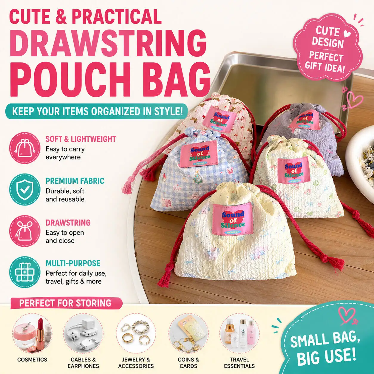 1PCS Cute Small Coin Purse Key Earphone Drawstring Storage Bag Women Girls Jewelry Lipstick Cosmetic Tote Rope Pouch String Bags