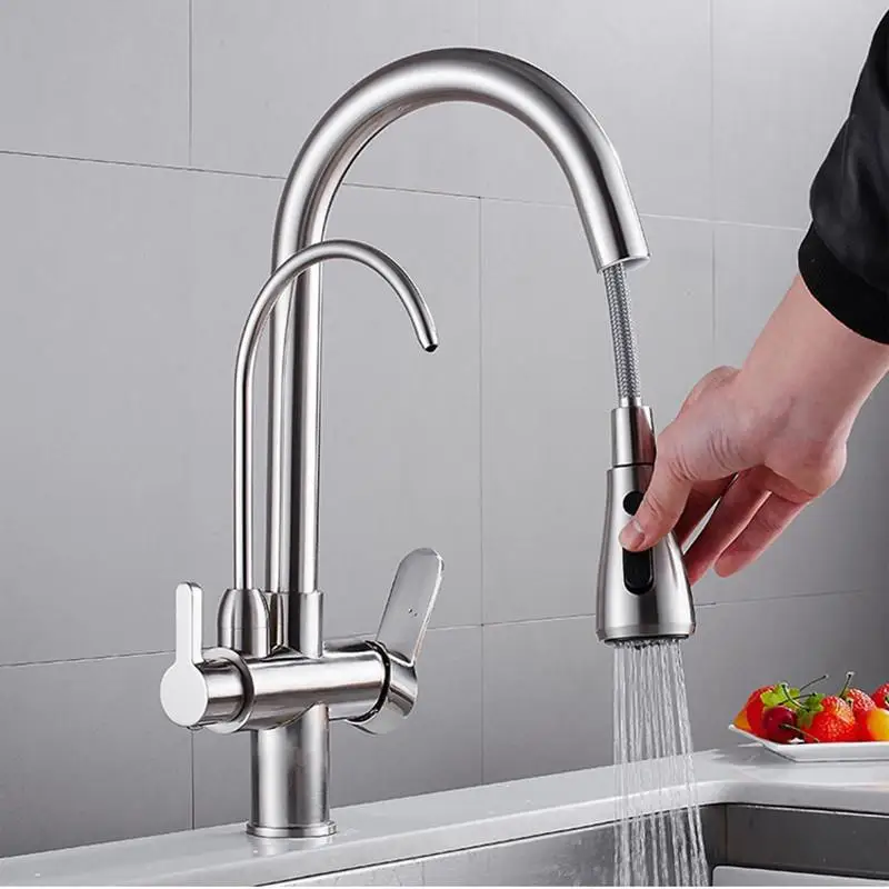 Brushed Nickel Filtered Crane For Kitchen Pull Out Spray 360 Rotation Water Filter Tap Three Ways Sink Mixer Kitchen Faucet