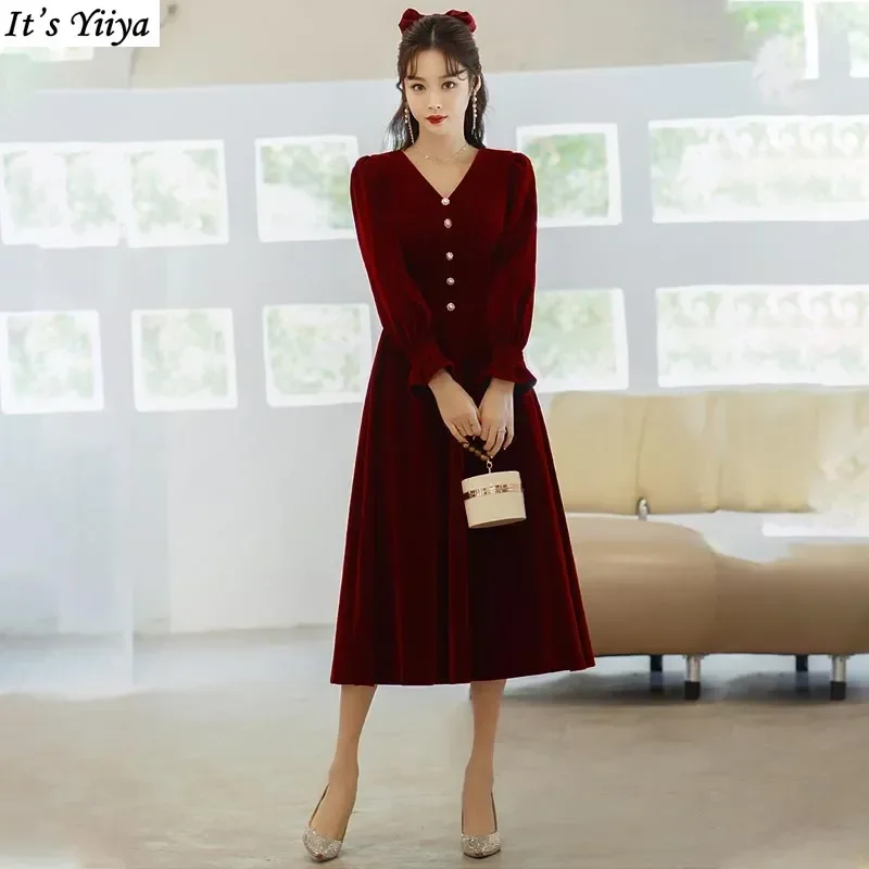 It's Yiiya Customized Evening Dress Burgundy Flannel V-Neck Full Sleeves Tea-Length A-Line Plus size Woman Formal Party Gowns