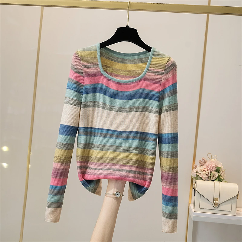 

Knitted Sweater Women Pullovers Fashion Square Collar Striped Knit Sweater Pullover Women Tops Long Sleeve Sueter Feminino Q3366