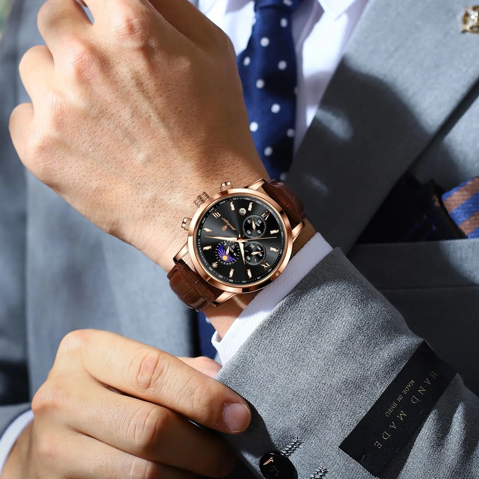 POEDAGAR الأصلي رجال الأعمال ساعة اليد كرونوغراف تاريخ مضيئة مقاوم للماء رجل ساعة جلدية فاخرة ساعات كوارتز للرجال #6