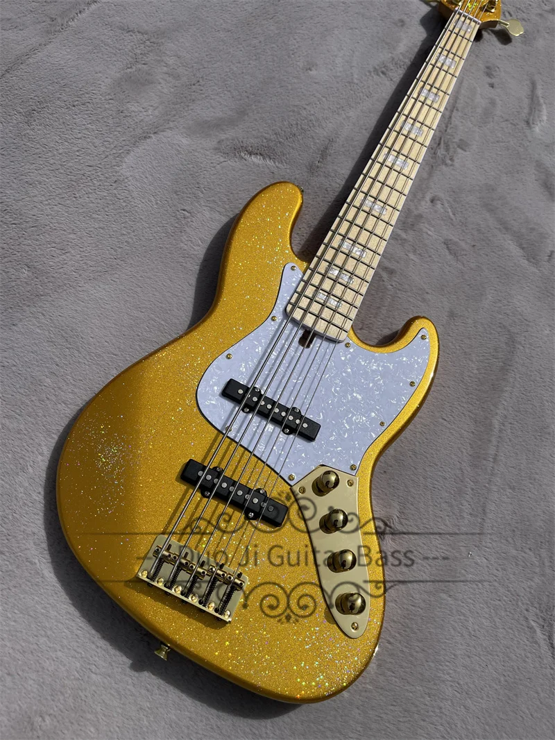 5 Strings Bass Guitar Flash Gold Bass Maple Neck Shell Inlay White Pearl Pickguard Active Battery Gold Tuners Fixed Bridge