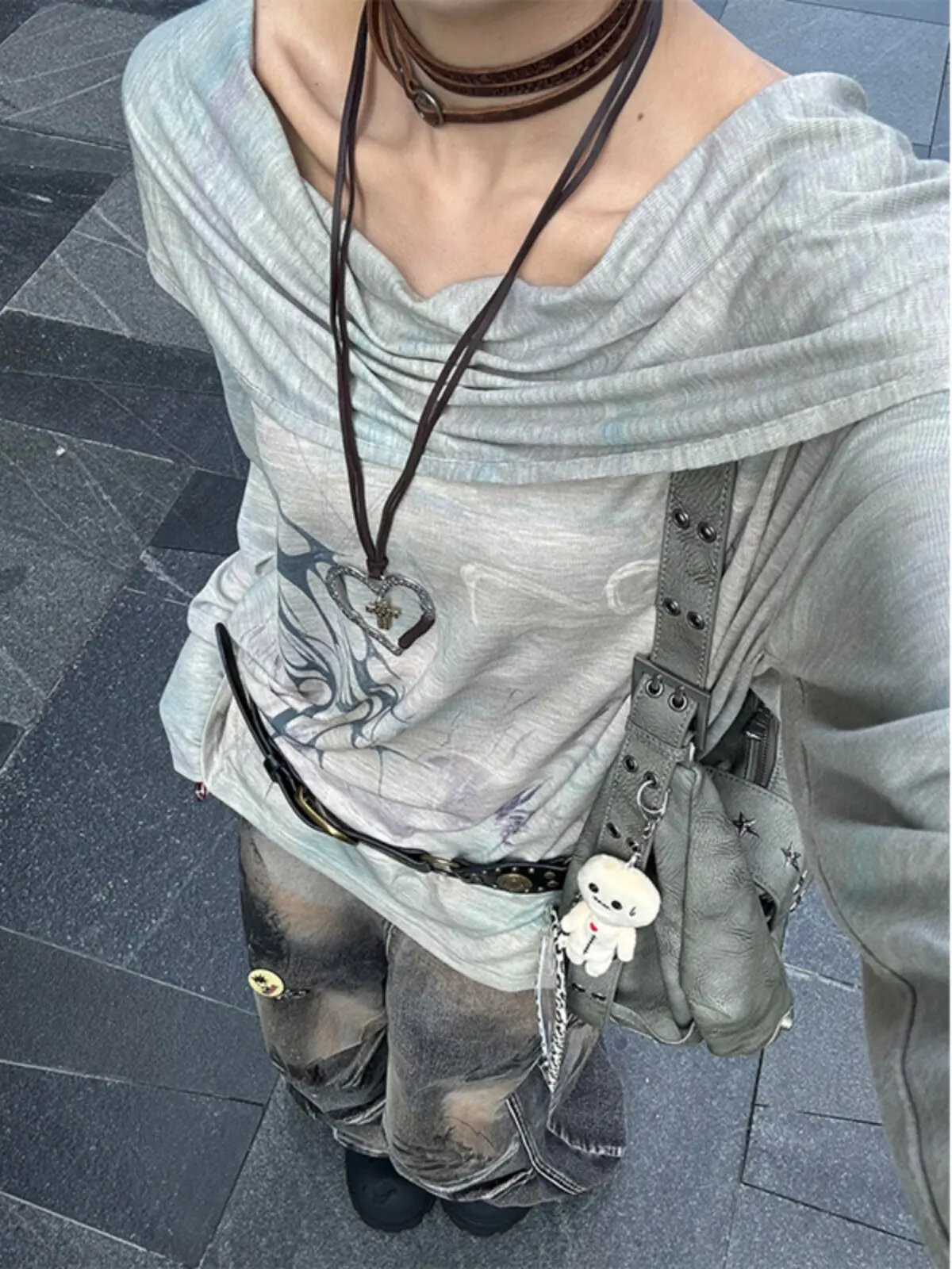 Women's Grey T-shirt Harajuku Korean Y2k Tee Top 2000s 90s Aesthetic Fashion Vintage Long Sleeves T-shirt Autumn 2026 Clothes