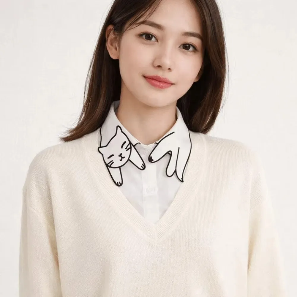 Cat Embroidery Detachable False Collar Cotton Fabric Decorative Style Cotton Fake Collar Layering Piece Detachable Design