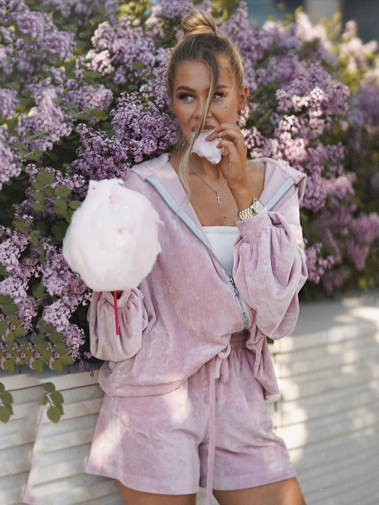 Spring Autumn Plush Jumper Shorts Suit Women Long Sleeves Hooded Tops+high Waist Drawstring Wide Leg Shorts Female Two Piece Set - view 4