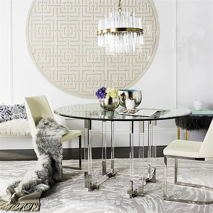 شقة صغيرة طاولة طعام زجاجية من القرون الوسطى، طاولة تفاوض شفافة من الفولاذ المقاوم للصدأ طاولة قهوة منزلية مستديرة عصرية #3