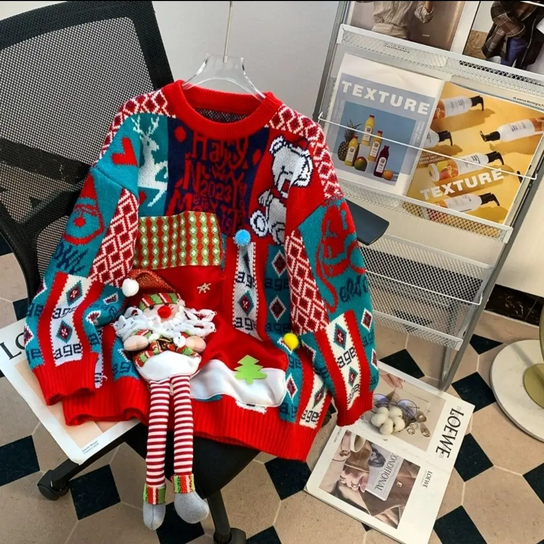 

Christmas Fashionable Temperament Best Friend Matching Sweater Loose Thick Red Winter Pullover Cozy Women's Outwear