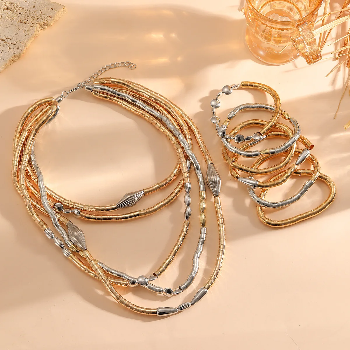 Women's Exaggerated Color Block Multi Layer Necklace Bracelet Set